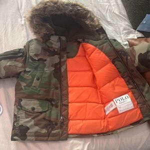 Polo by Ralph Lauren Green and Orange Puffer Jacket with Fur Hood